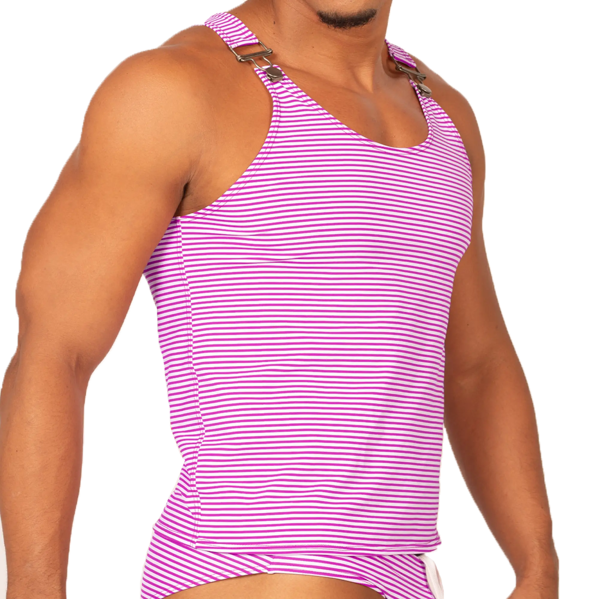 Gigo Rank Purple tank vibrant pink and white striped tank top with adjustable shoulder straps and metallic buckles