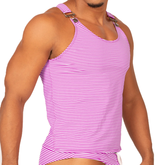 Gigo Rank Purple tank vibrant pink and white striped tank top with adjustable shoulder straps and metallic buckles