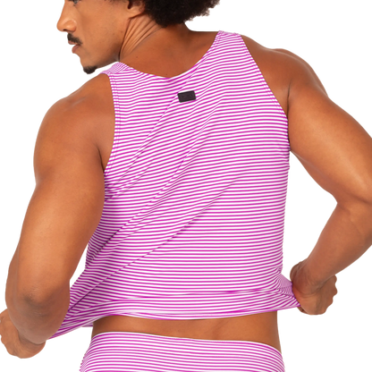 Gigo Rank purple tank vibrant pink and white striped sleeveless tank top with rounded neckline for casual wear