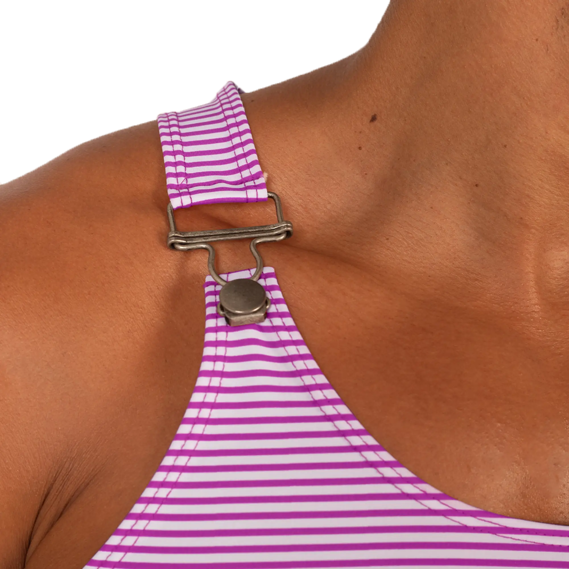 Back view of gigo rank purple tank featuring a purple and white striped halter neck strap with a silver metal clasp