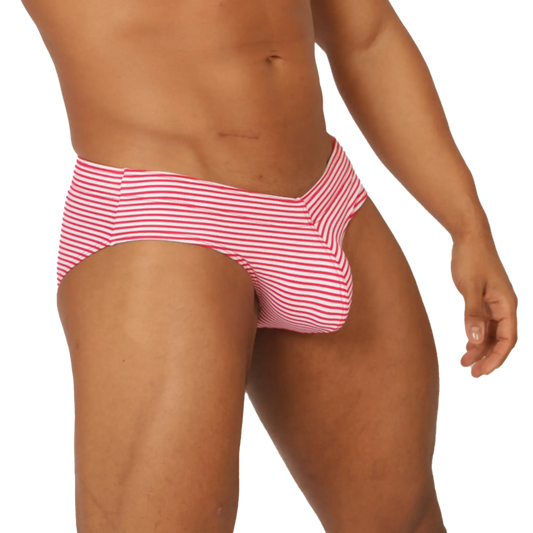 Gigo Rank red swim brief with red and white stripes made of quick-dry fabric for menâ€™s swimming