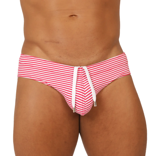Gigo rank red swim brief red and white striped swim trunks with drawstring waistband for swimming and beachwear