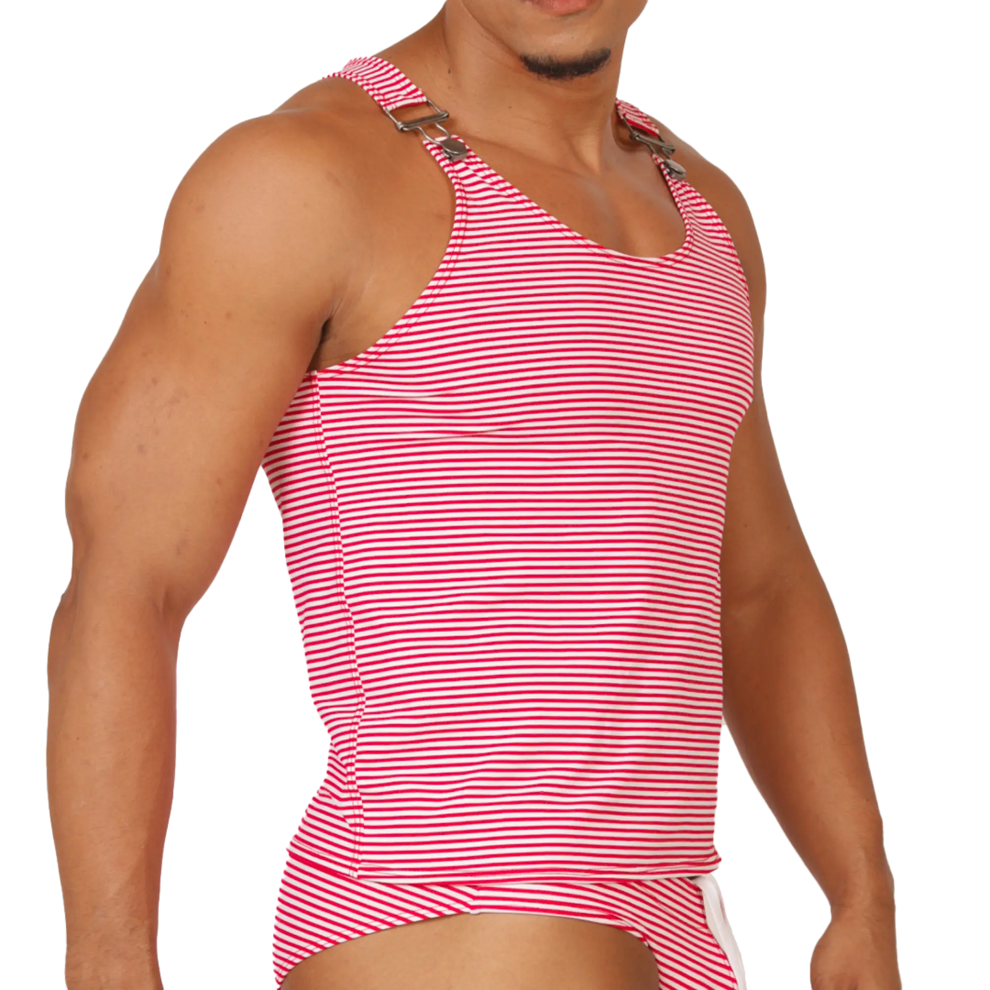 Gigo Rank Red Tank pink and white striped tank top with adjustable metallic buckle shoulder straps