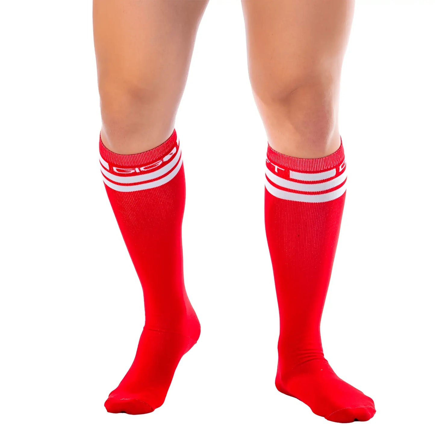 Gigo red knee-high socks with white stripes and a subtle logo at the top, designed for comfort and style