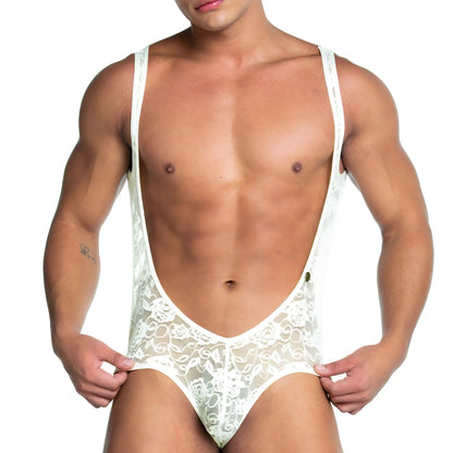 White lace bodysuit with floral pattern and thin straps from gigo redemotion beige body collection