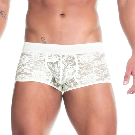 White lace-trimmed briefs with delicate floral pattern and solid white waistband from gigo redemotion beige trunk