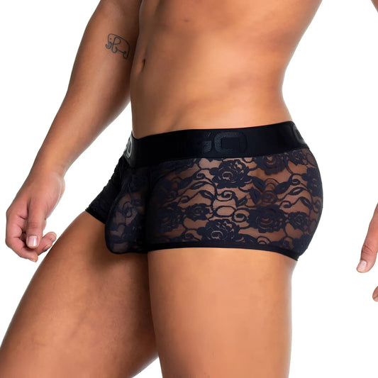 Gigo redemotion black trunk black lace menâ€™s underwear with floral pattern and elastic waistband