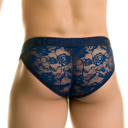Dark blue lace gigo redemotion brief with intricate floral pattern and matching elastic dgc logo waistband