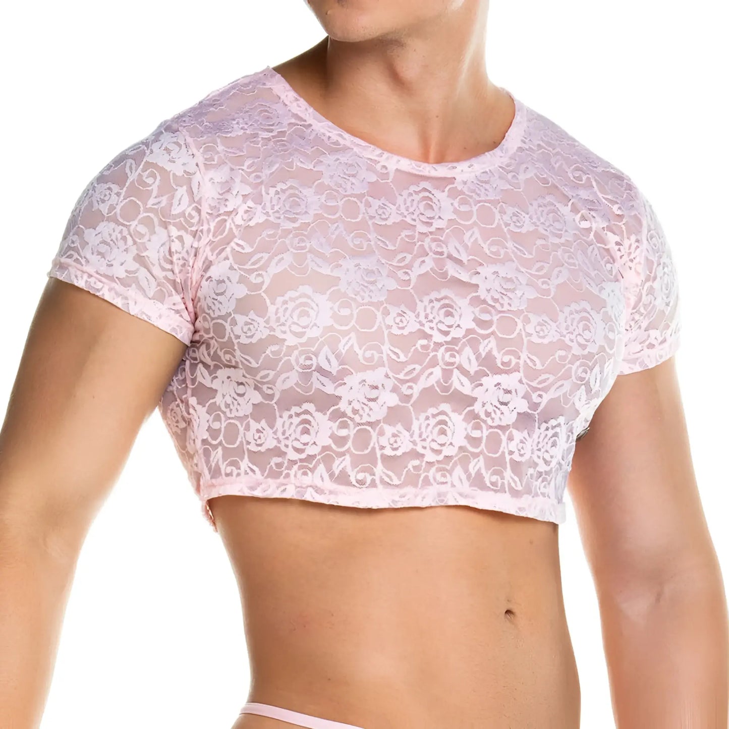 Gigo Redemotion pink crop top featuring delicate pink lace with floral pattern and short sleeves
