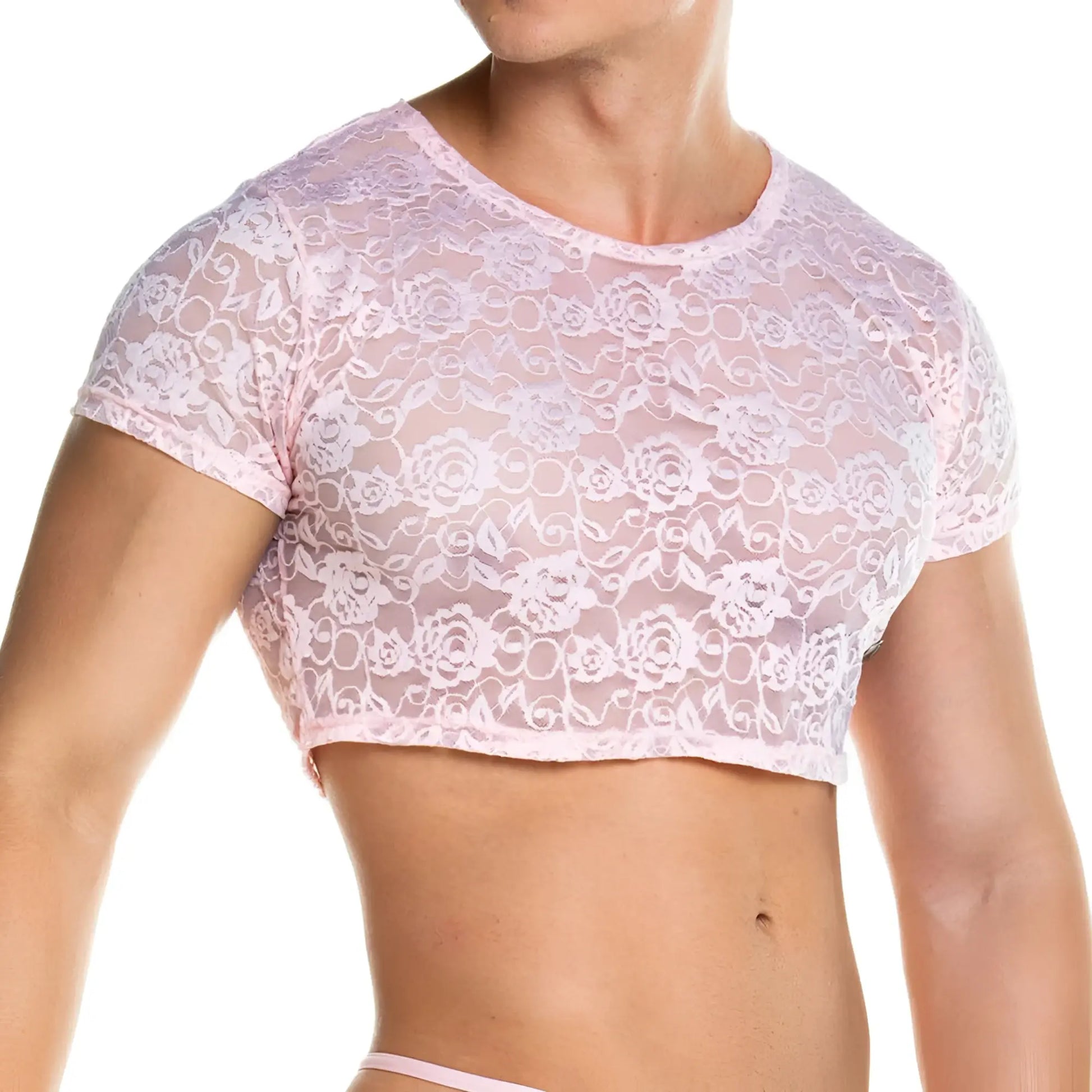 Gigo Redemotion pink crop top featuring delicate pink lace with floral pattern and short sleeves