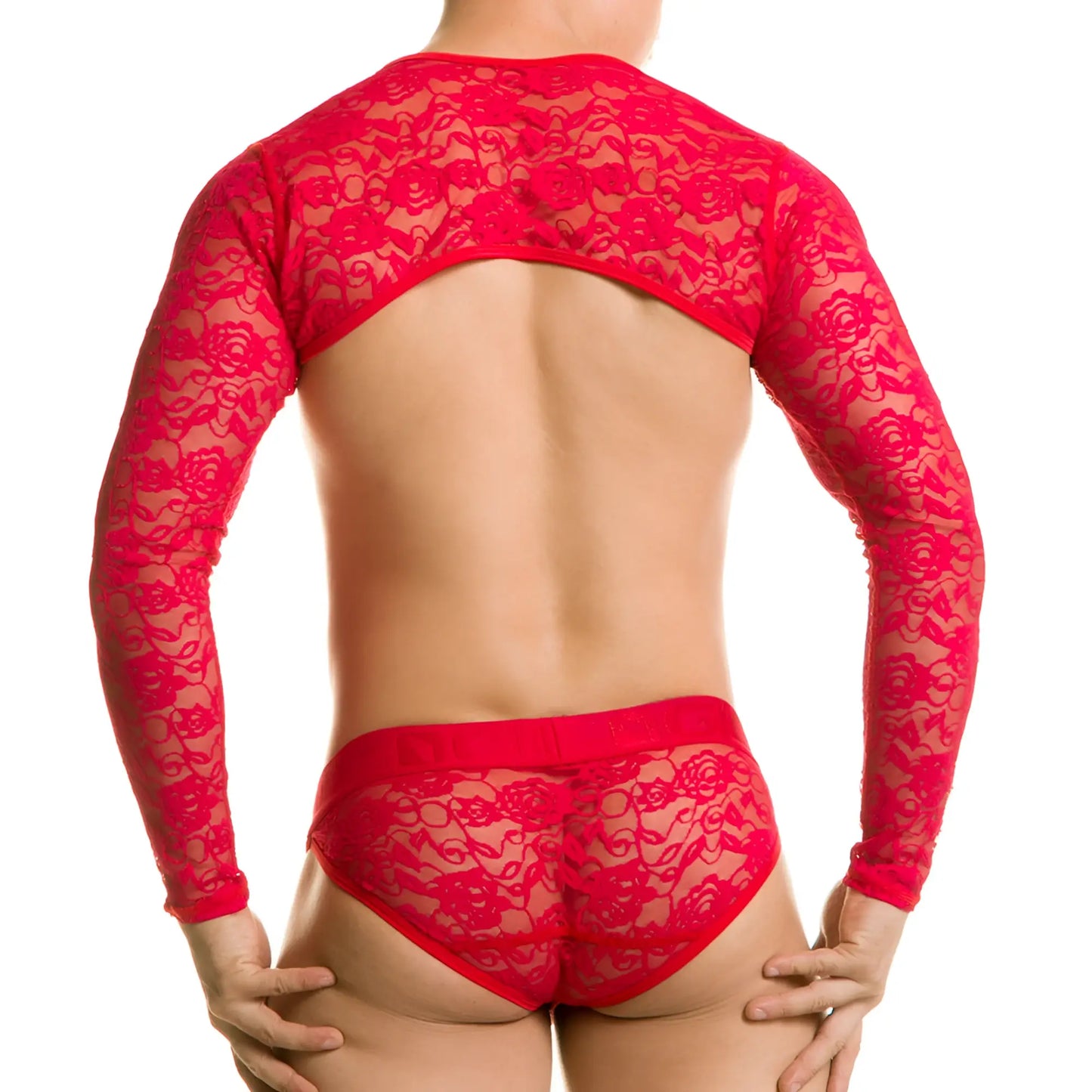 Red lace long-sleeved bodysuit with floral pattern in the Gigo Redemotion Red Harness collection
