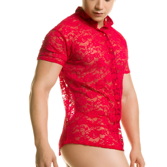 Gigo Redemotion red shirt with red floral lace short sleeves collar and button front design