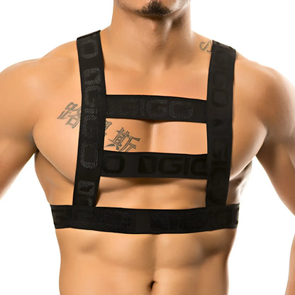 Black gigo resistless harness with bold branded lettering across the straps for secure use