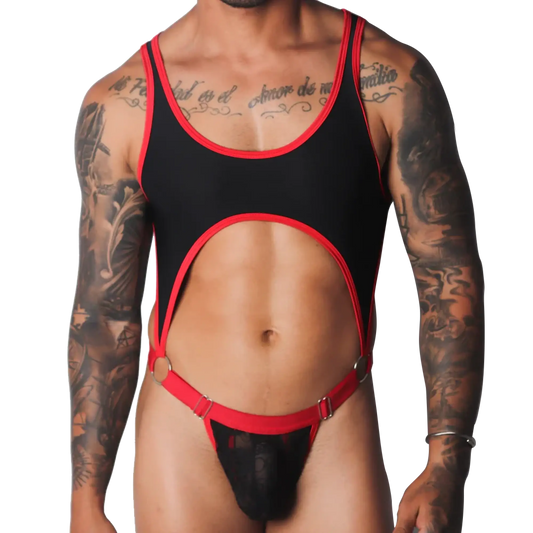 Black and red scoop-neck bodysuit with a chest cutout, O-ring connectors, and a sheer lace pouch.