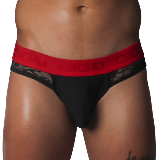 Black jockstrap with lace side panels and a contrasting red elastic waistband featuring the Gigo logo.