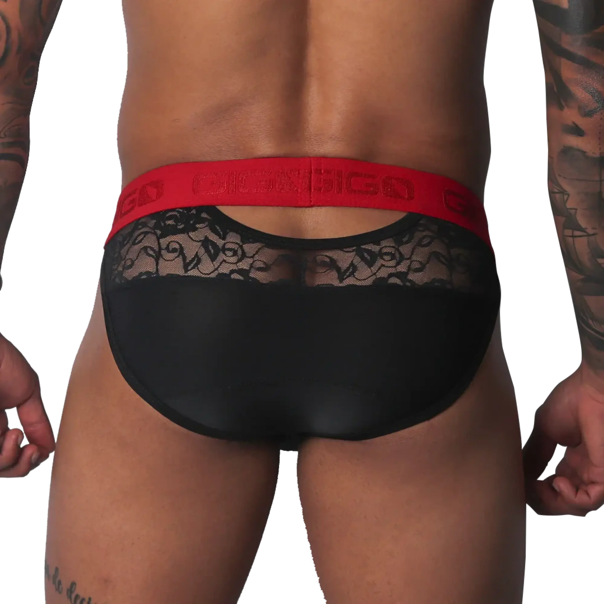 Black brief with sheer floral lace upper panel, solid black lower section, and a bold red branded elastic waistband.