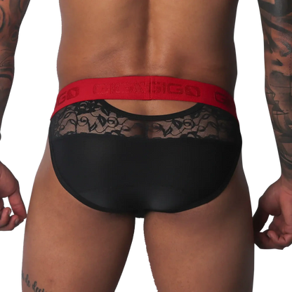 Black brief with sheer floral lace upper panel, solid black lower section, and a bold red branded elastic waistband.