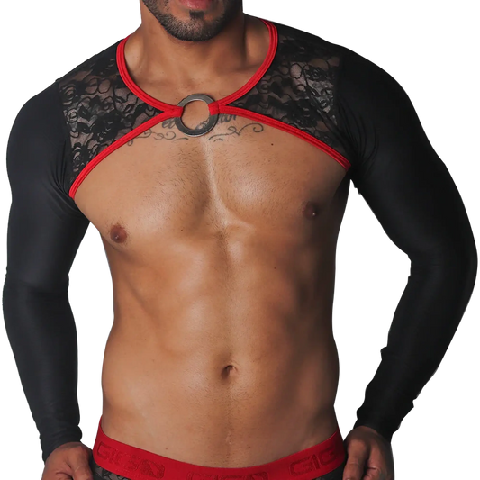 Black long-sleeve harness with floral lace chest panels, red trim, and a central metal O-ring.