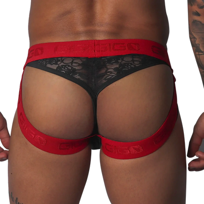 Black lace jockstrap with red elastic logo waistband and leg straps.