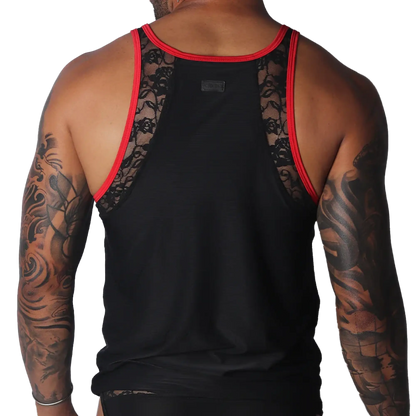 Black tank top with red trim, featuring sheer floral lace side panels and a center fabric panel.