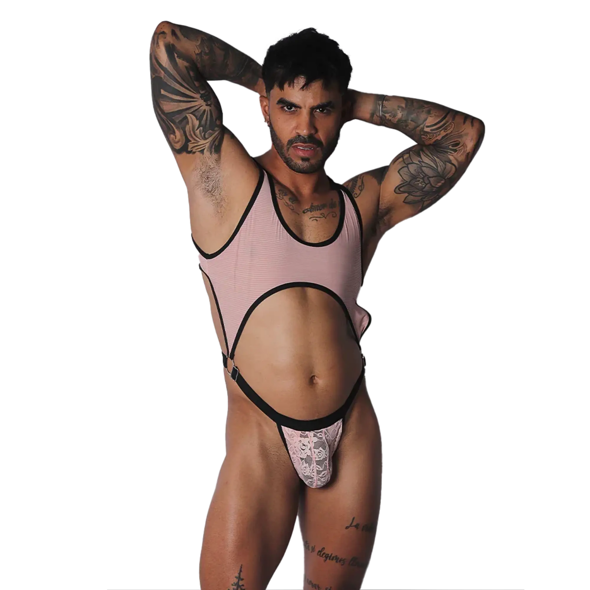 Pink ribbed bodysuit with black trim, large midriff cutout, O-ring connectors, and a lace pouch detail.
