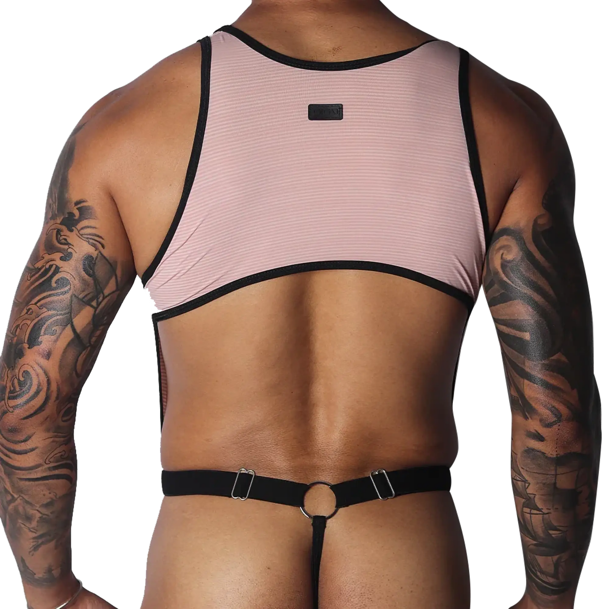 Romantic pink ribbed knit crop top with black trim, connected by thin straps to a black O-ring thong back.