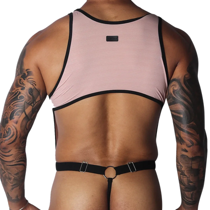 Romantic pink ribbed knit crop top with black trim, connected by thin straps to a black O-ring thong back.