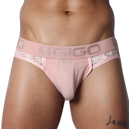 Romantic pink jockstrap with floral lace side panels, striped mesh front pouch, and branded Gigo elastic waistband.