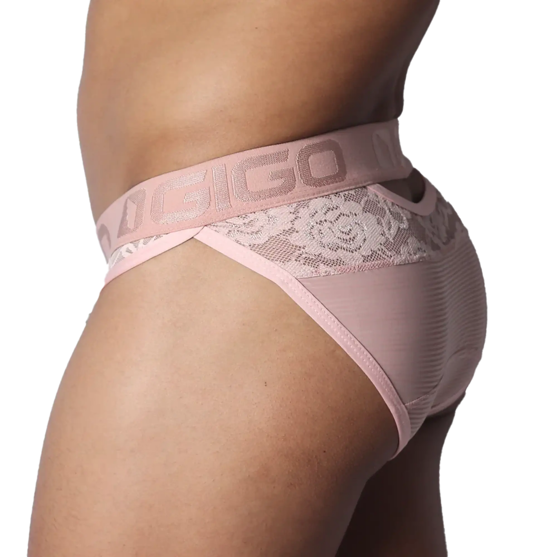 Romantic pink brief featuring a branded elastic waistband, floral lace accents, and sheer, ribbed fabric.