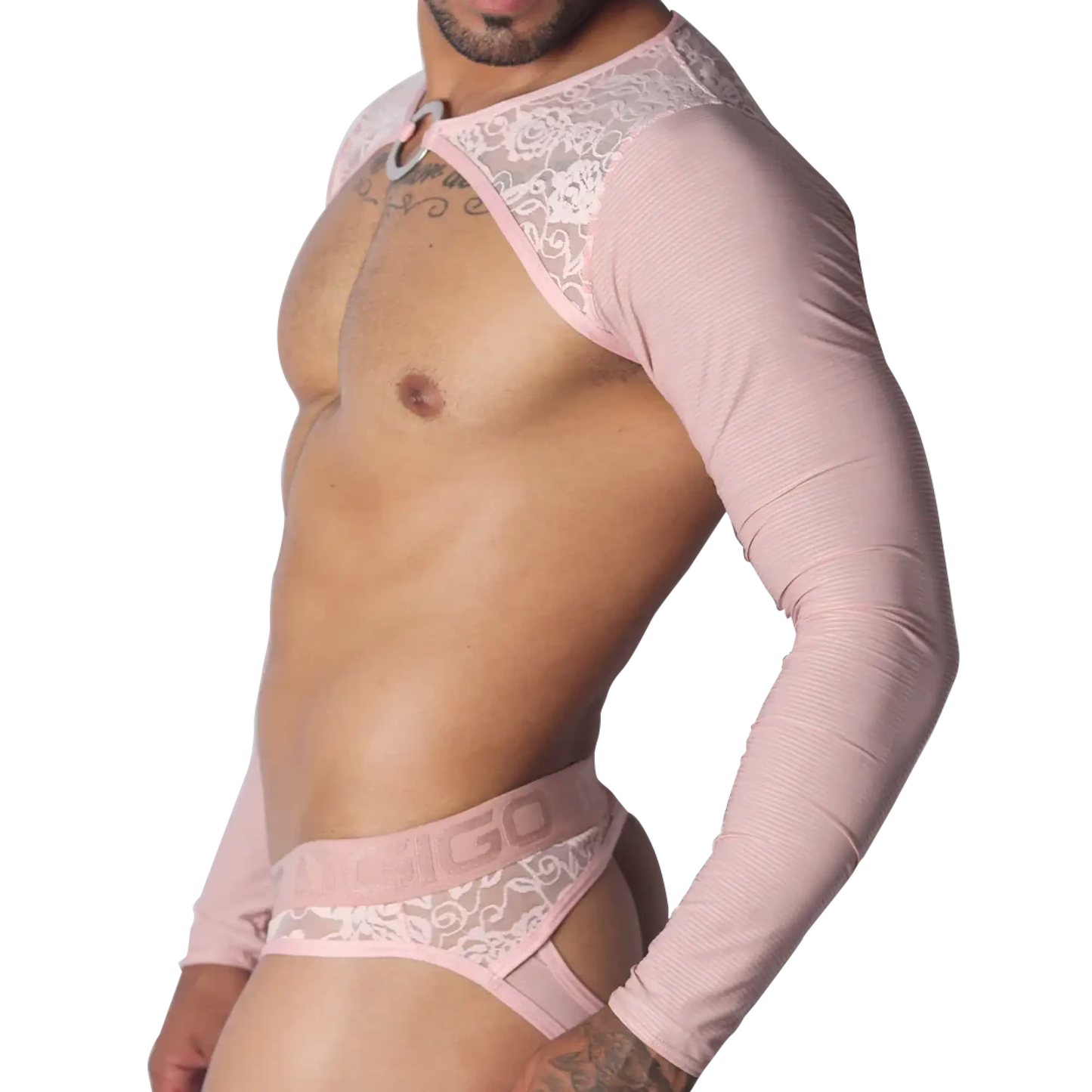 Romantic pink long-sleeve harness with lace shoulder detailing, center metal ring, and matching lace-trimmed brief.