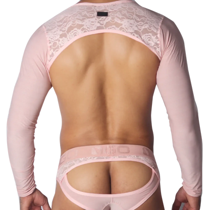 Pastel pink mesh harness with long sleeves, lace shoulder yoke, and open-back jockstrap featuring a branded waistband.