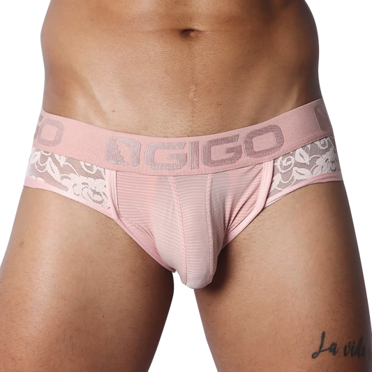 Romantic pink jock thong with sheer striped mesh, floral lace sides, and a branded elastic waistband.