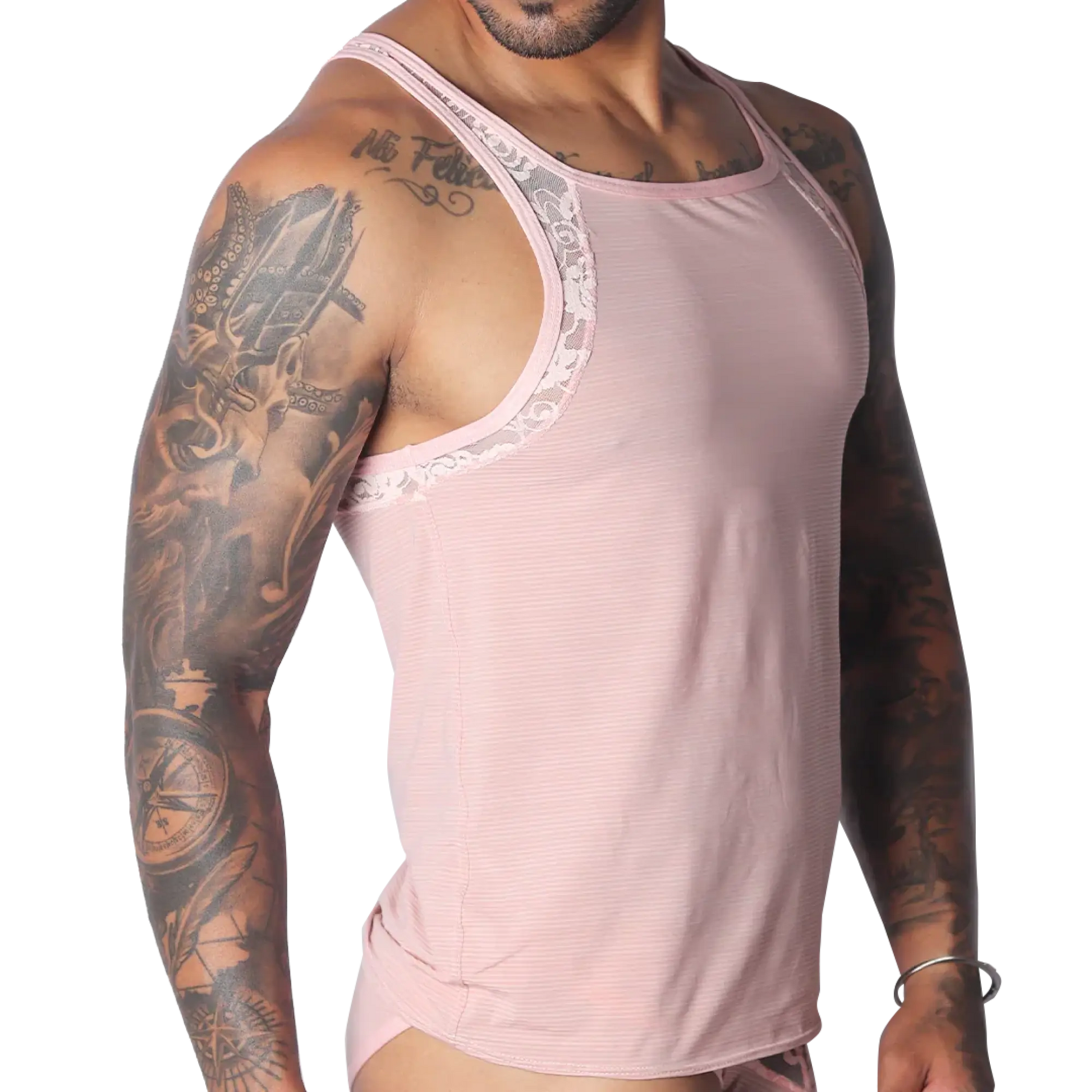 Romantic pink, ribbed-texture tank top with delicate lace trim along the neckline and armholes.