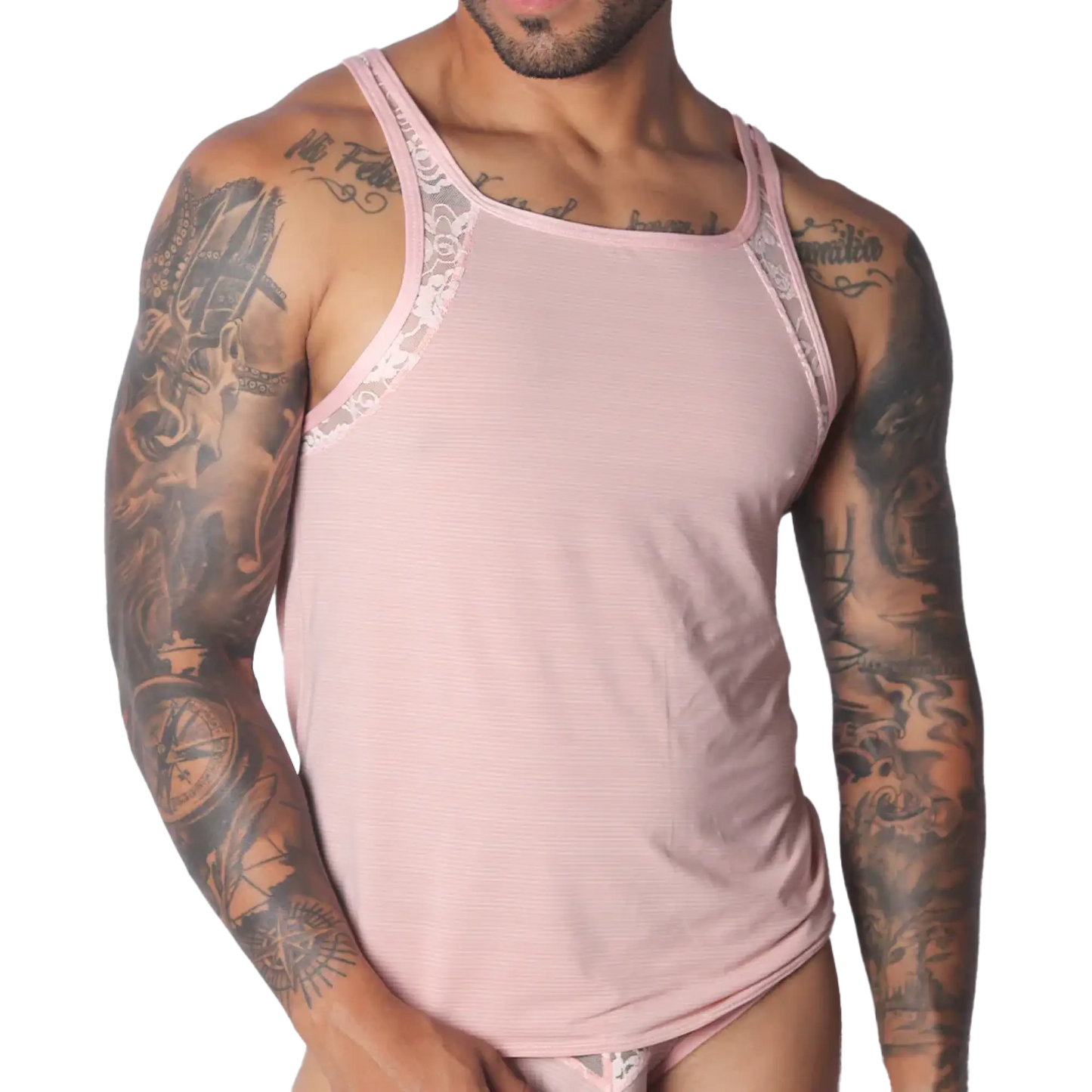 Romantic pink ribbed tank top featuring delicate white lace trim along the shoulders and neckline.