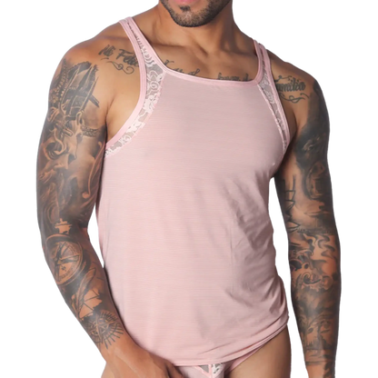 Romantic pink ribbed tank top featuring delicate white lace trim along the shoulders and neckline.