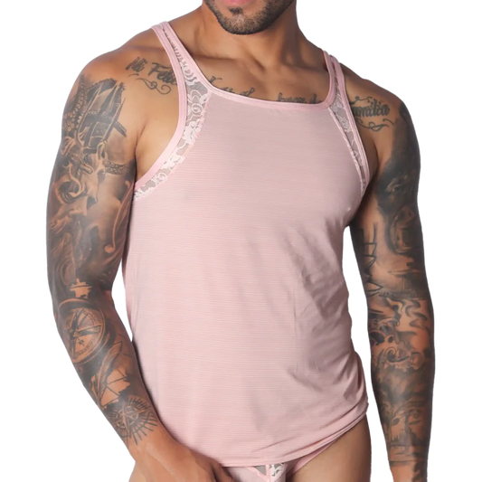 Romantic pink ribbed tank top featuring delicate white lace trim along the shoulders and neckline.