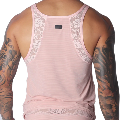 Romantic pink tank top in ribbed mesh with decorative floral lace trim along the shoulder straps and hem.