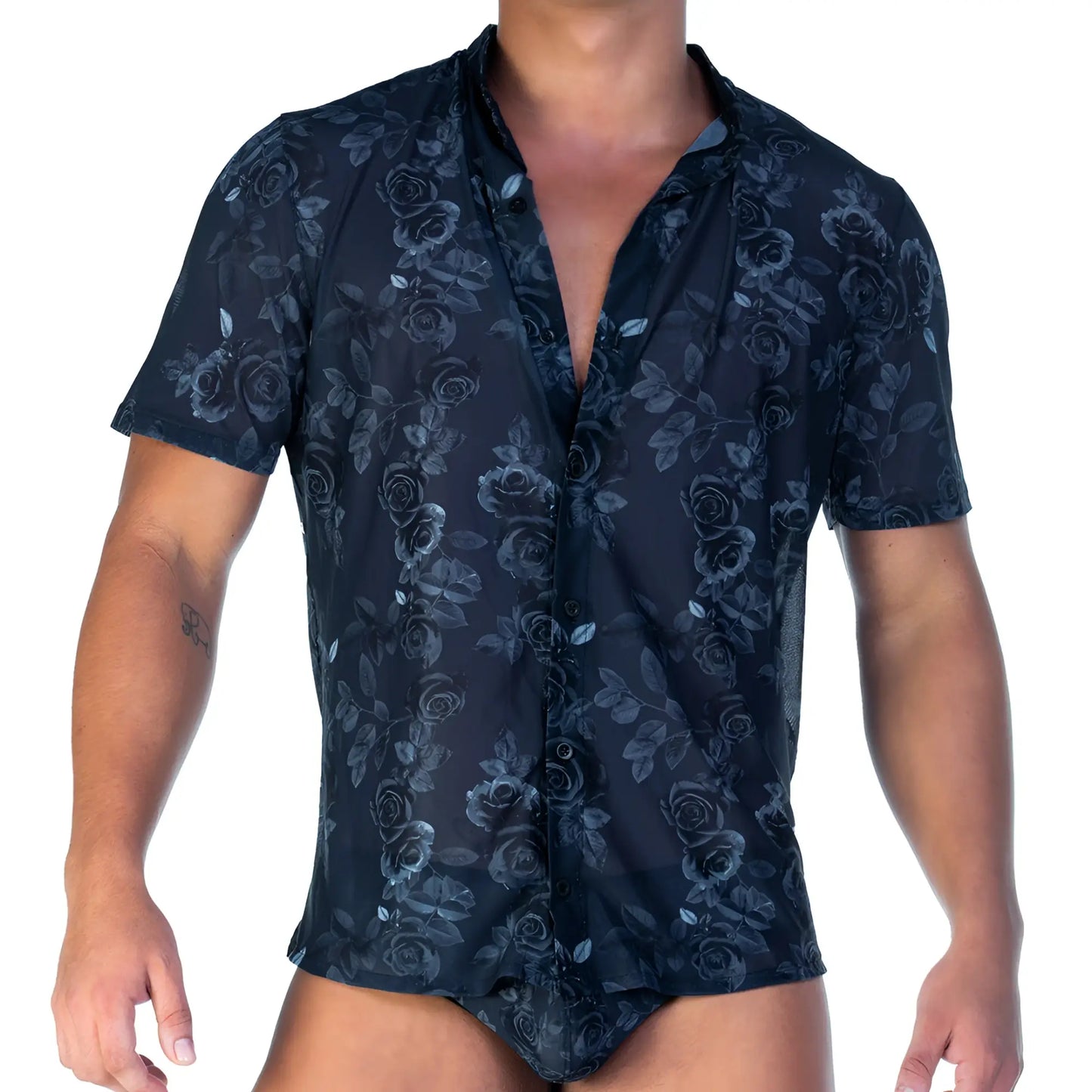 Dark blue short-sleeved button-up shirt with subtle rose and leaf pattern in the gigo rose black shirt style
