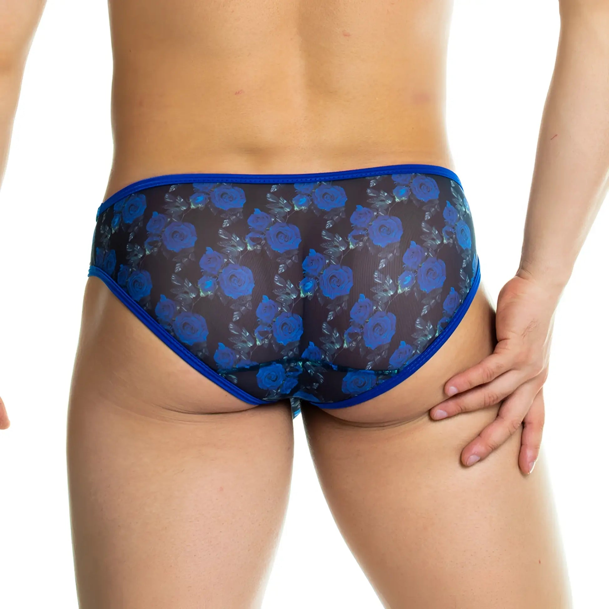 Gigo rose blue brief blue floral-patterned sheer menâ€™s briefs with solid blue waistband front view