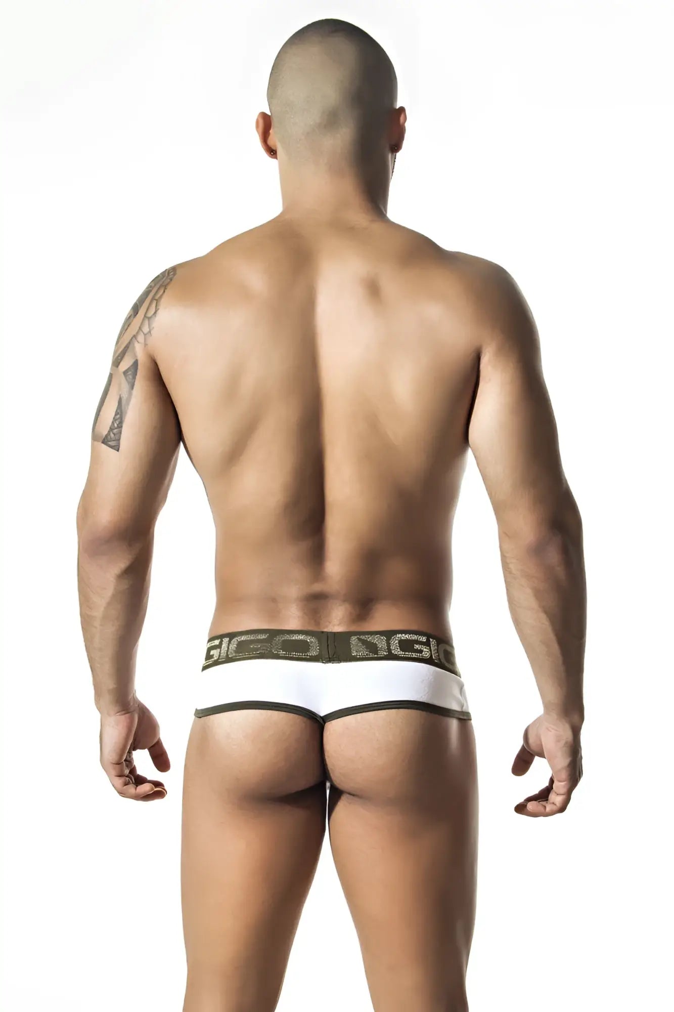 White gio brand briefs with dark green elastic waistband and white gio logo in size medium gigo royalty white brief g string underwear