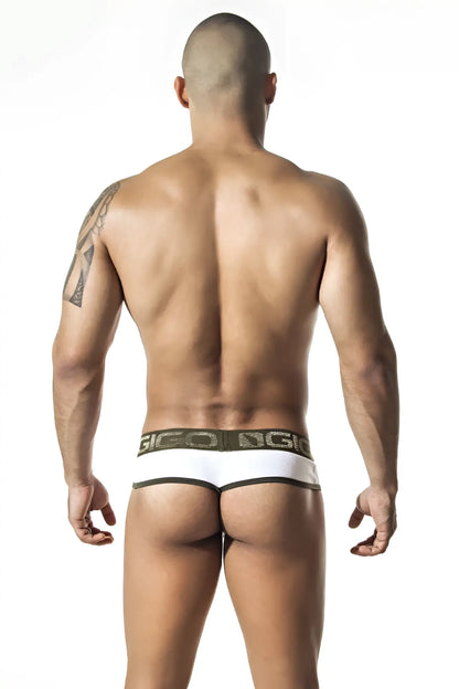 White gio brand briefs with dark green elastic waistband and white gio logo in size medium gigo royalty white brief g string underwear