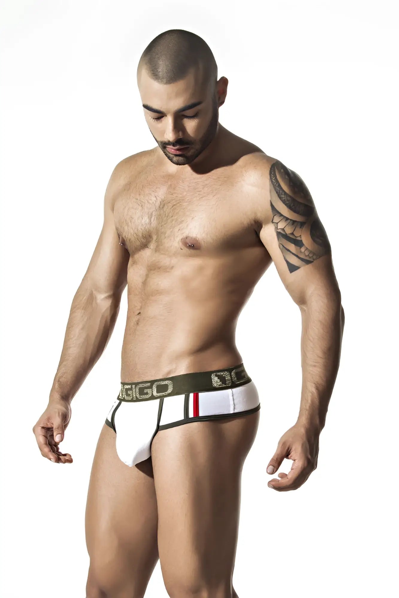 White mens briefs with black and red trim featuring a bold giggo logo on the waistband size m model gigo royalty white g14158