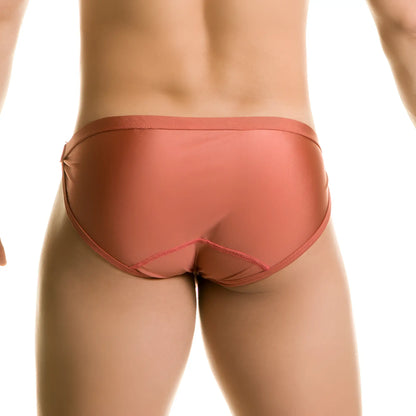 Coral-colored sleek satin swim briefs with a smooth form-fitting design from gigo rush brown collection