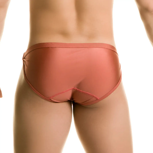 Coral-colored sleek satin swim briefs with a smooth form-fitting design from gigo rush brown collection