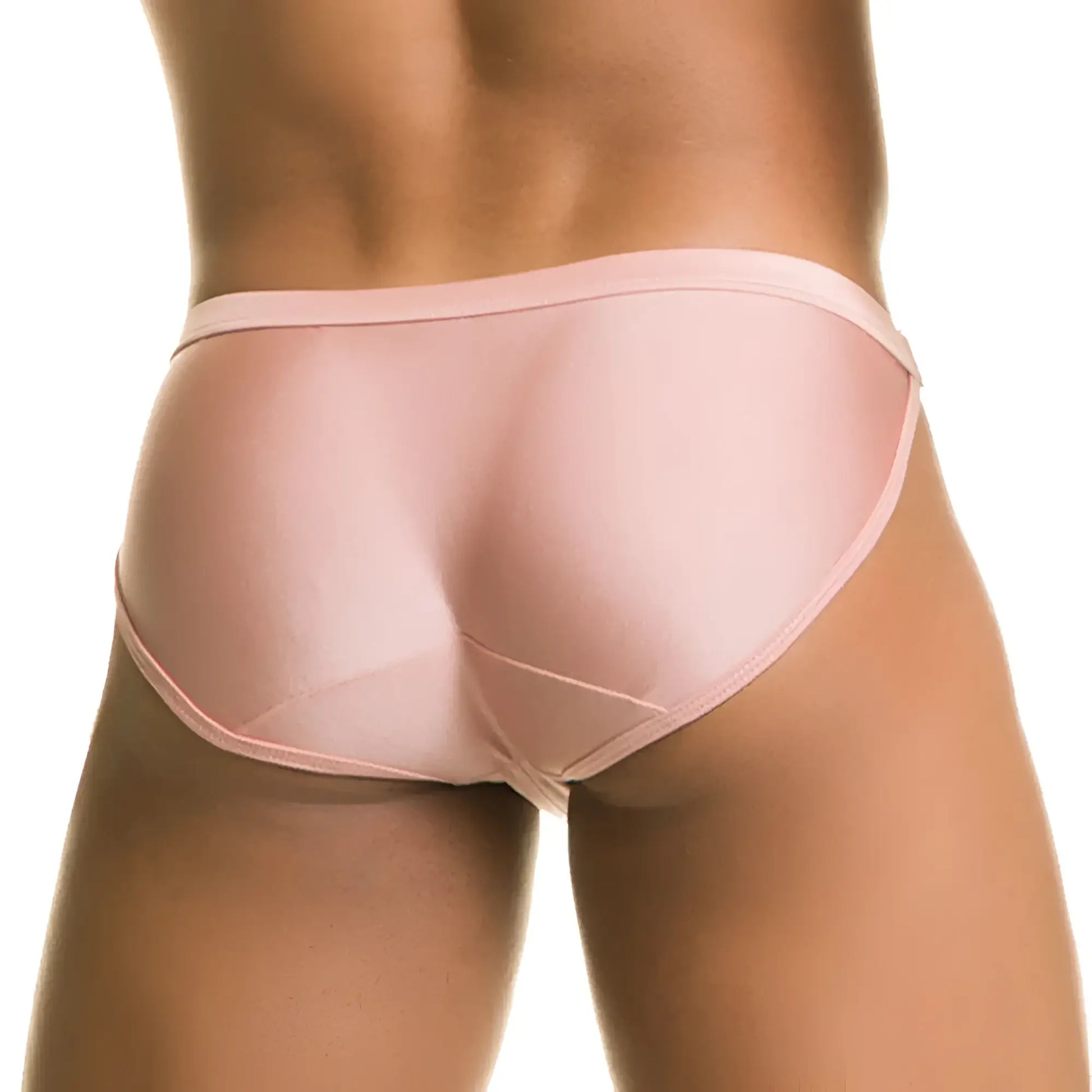 Pink satin gigo rush nude swim briefs with smooth glossy finish and seamless design front view