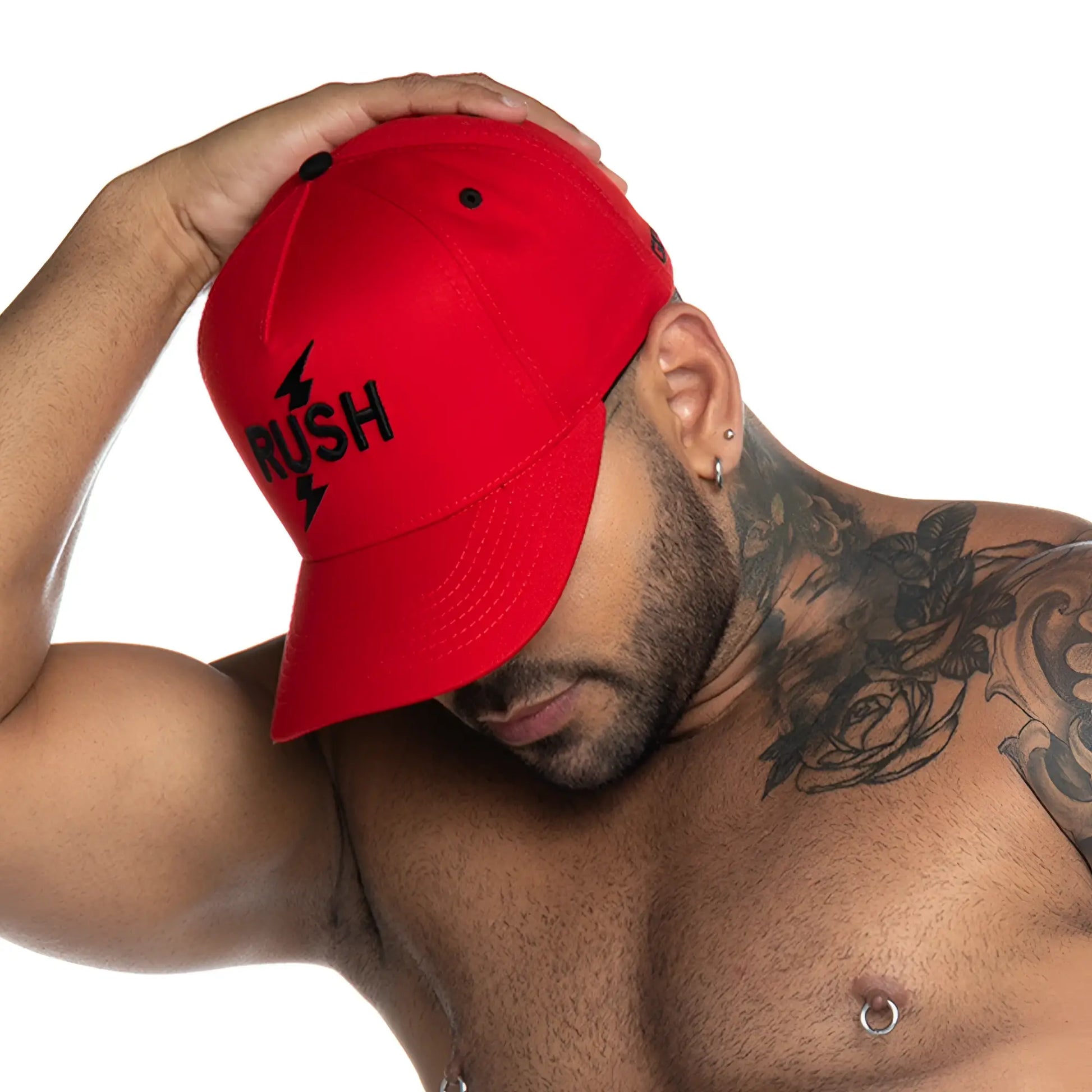 Red baseball cap from gigo rush with black embroidered rush logo and lightning bolt design on front panel