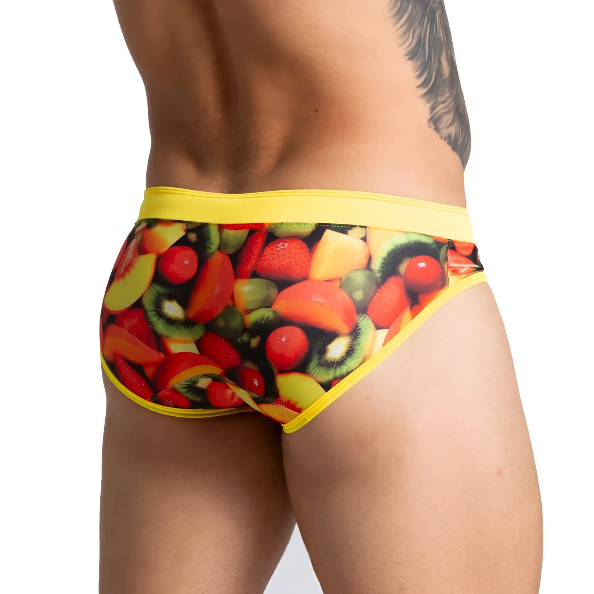 Gigo Salad swim brief menâ€™s briefs with bright yellow trim and colorful sliced fruit print for swimwear use