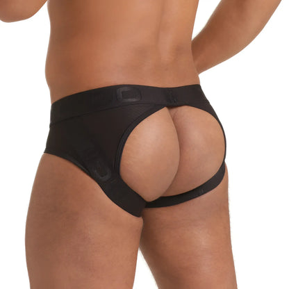 Gigo scanaling black brief jockstrap featuring form-fitting briefs with elastic waistband and distinctive cutout design
