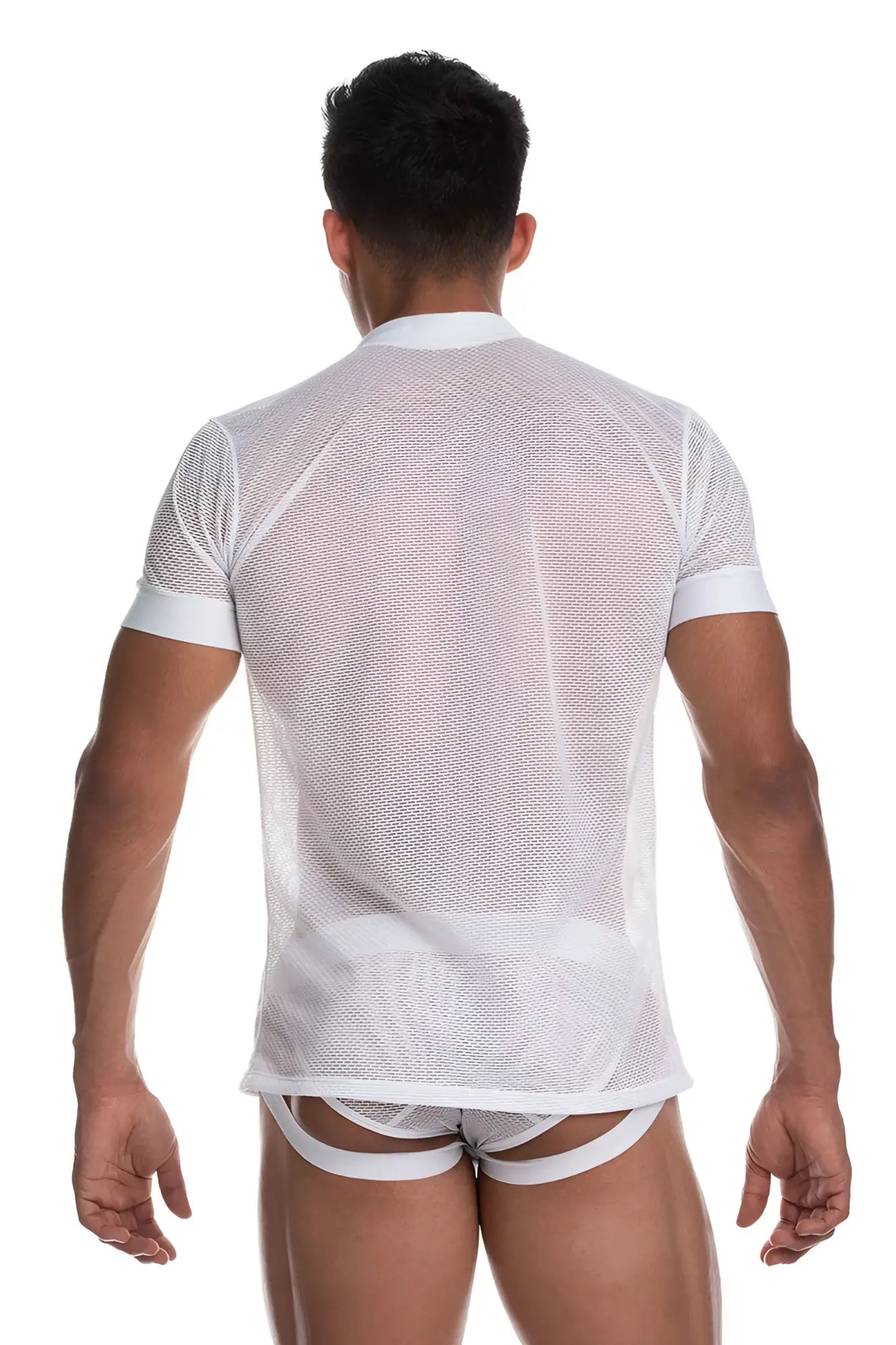 Gigo secrecy white mesh short sleeved t shirt with solid white collar and sleeve cuffs in size s/m