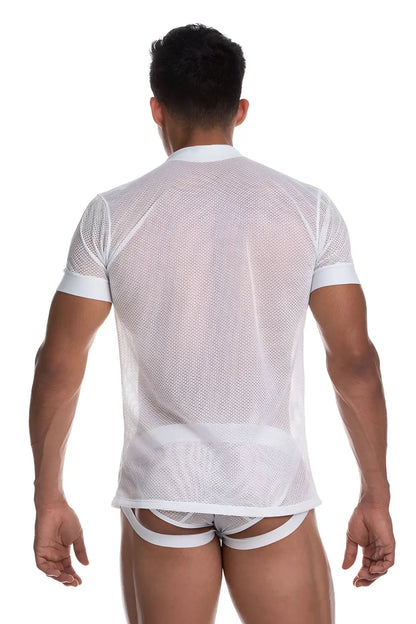 Gigo secrecy white mesh short sleeved t shirt with solid white collar and sleeve cuffs in size s/m